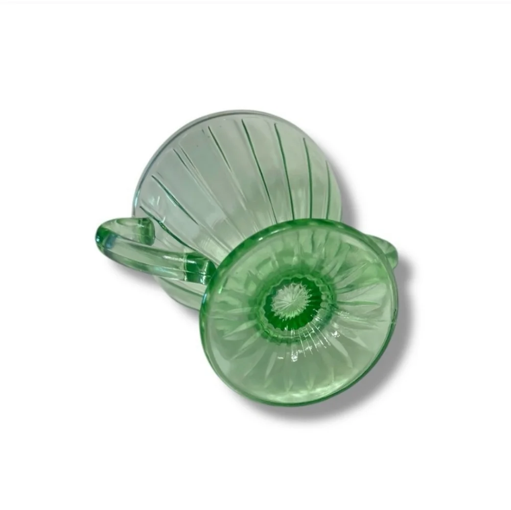 HAZEL ATLAS Green Vaseline Uranium Glass Double Handle Sugar Dish Ribbon Design